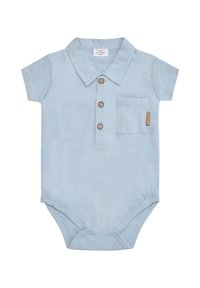 Body a polo corto azzurro con maniche corte e colletto, tre bottoni in legno, una tasca frontale e chiusure a scatto sul fondo. Tessuto morbido.
