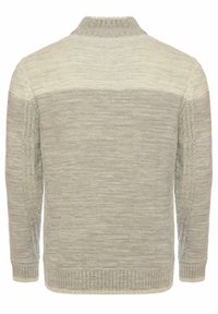Hellgrauer Strickpullover mit hohem Kragen, der ein strukturiertes Muster und gerippte Bündchen aufweist, von hinten präsentiert.