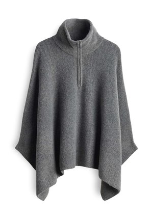 Grijze wollen poncho met een hoge kraag en halve rits aan de voorkant, met een losse, gedrapeerde pasvorm en een asymmetrische zoom.