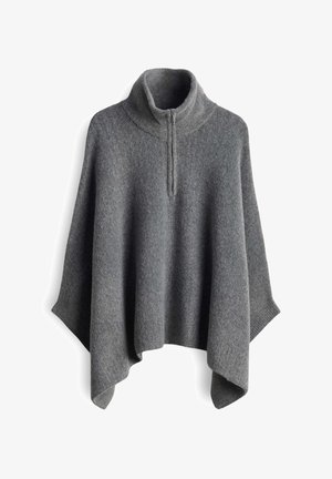Grijze wollen poncho met een hoge kraag en halve rits aan de voorkant, met een losse, gedrapeerde pasvorm en een asymmetrische zoom.