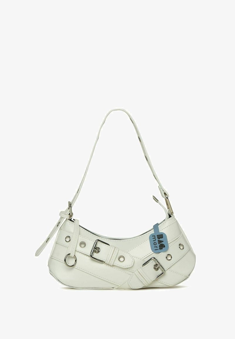 White synthetic handbag with a curved silhouette, adjustable strap, decorative buckle, silver hardware, and a blue tag attached.