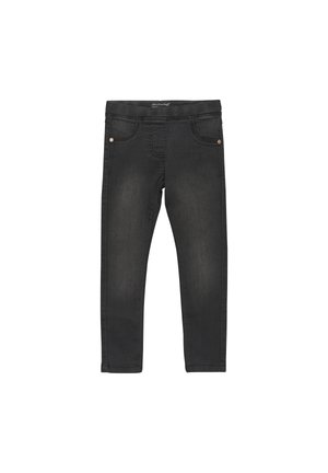 Jeans de mezclilla negra de corte ajustado, con un diseño tradicional de cinco bolsillos, textura desgastada y detalles en metal en los bolsillos.