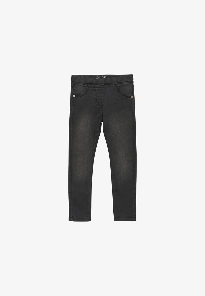 Black denim jeans with a slim fit, featuring traditional five-pocket design, faded texture, and metal hardware accents at pockets.