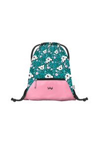 Schnürzug-Rucksack aus dunkelgrünem Stoff mit Panda- und Blumenmustern, pinkem Bodenpaneel und schwarzem Reißverschluss mit Logo.