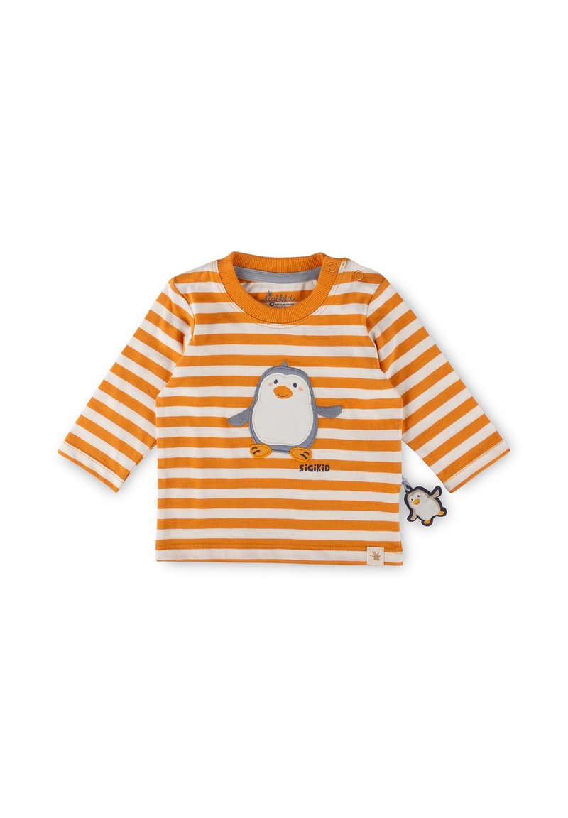 Gestreiftes Langarmhemd in Orange und Weiß mit einem Pinguin-Design auf der Vorderseite und einem abnehmbaren Pinguin-Tag, aus weicher Baumwolle gefertigt.