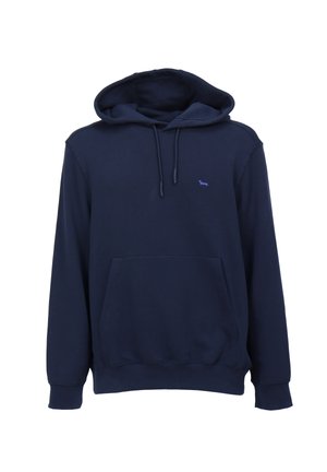 Navy blue hoodie, cotton blend material, kangaroo pocket, adjustable drawstring hood, small purple logo on the left chest, ribbed cuffs.