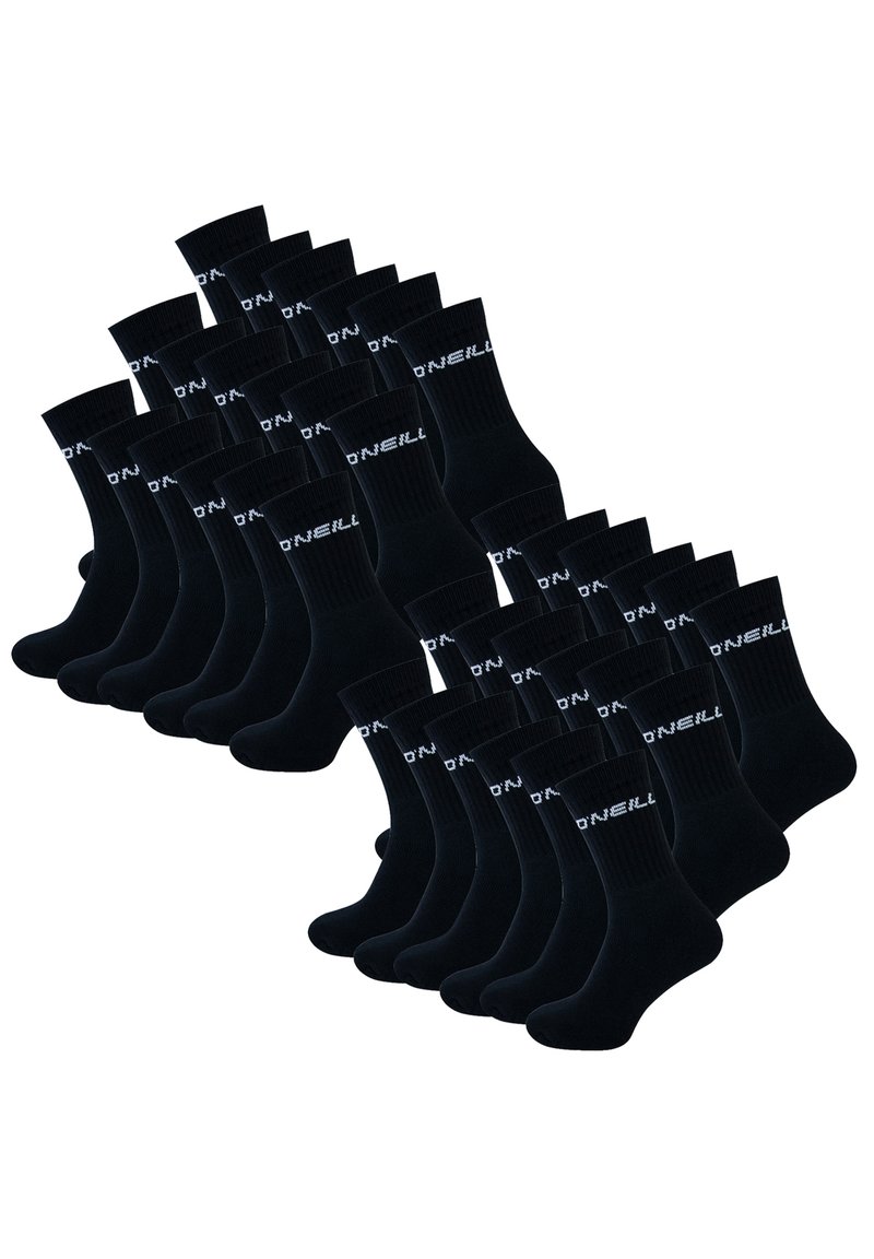 Schwarze Crew-Socken aus einem Baumwoll-Mischgewebe, mit gerippten Bündchen und weißen Logodetails an der Seite, gruppiert angeordnet.