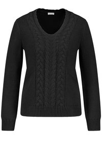 Svart stickad tröja med V-ringning, med kabelstickad design fram. Långa ärmar och ribbat nederkant och ärmslut.