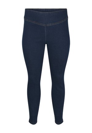 Mørkeblå, højtaljede skinny jeans med V-formet sømdetalje på linningen, vist mod en hvid baggrund.
