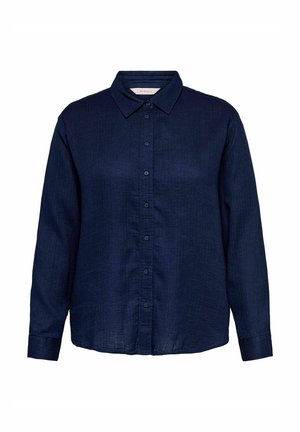 Camicia blu scuro a maniche lunghe con bottoni, collo classico e tessuto leggermente strutturato.