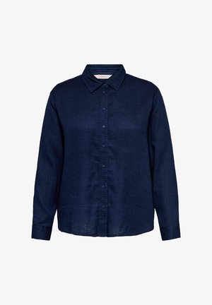 Cămașă cu mâneci lungi, culoare albastru închis, cu nasturi și guler clasic, confecționată dintr-un material ușor texturat.