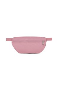 Sacchetto di stoffa rosa con una texture liscia, chiusura con zip e due cinturini laterali. Presenta una forma arrotondata e un design minimalista.