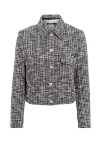Cropped tweed jacket in black and white, featuring a button-up front, two chest pockets, and a classic collar with a textured finish.