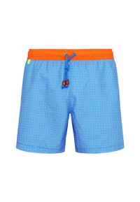 Shorts de bain bleus avec un motif géométrique, dotés d'une taille élastique orange et d'un cordon de serrage, d'accents en perles en bois et de poches latérales.