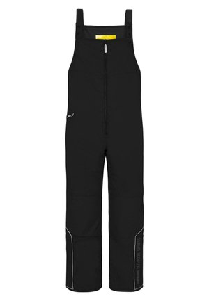 Schwarze isolierte Latzhose mit verstellbaren Trägern, einem Frontreißverschluss, Seitentaschen und weißen Akzentnähten. Glattes, langlebiges Material.