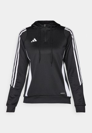 Black athletic pullover with a half-zip, hood, and white side stripes. Made of smooth, lightweight fabric with a fitted design and adjustable drawstrings.