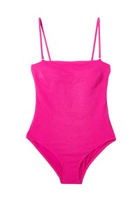 Roze badpak met dunne verstelbare bandjes, een rechte halslijn, een gladde textuur en hoge uitsnijdingen op de benen.