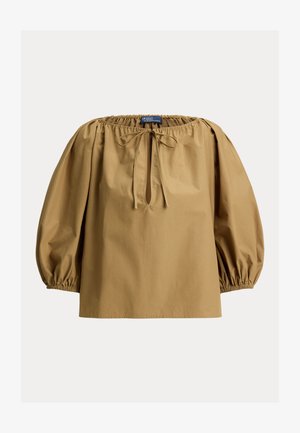 Brązowa bawełniana bluzka z marszczonym dekoltem, balonowymi rękawami i wiązaniem przy szyi. Gładka faktura i luźny fason.