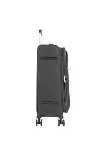 Maleta negra blanda con asa retráctil, cuatro ruedas y cierres de cremallera. Cuenta con asas laterales exteriores y textura suave.