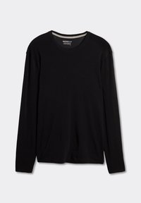 Schwarzes Langarmshirt aus Merinowolle mit Rundhalsausschnitt, präsentiert sich mit einer weichen Textur und dezenten horizontalen Streifen entlang des Ausschnitts.