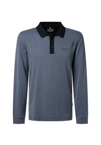 Herren Poloshirt in Marineblau mit langen Ärmeln, kleinem weißen Punktmuster, schwarzem Kragen und einer Knopfleiste mit drei Knöpfen.
