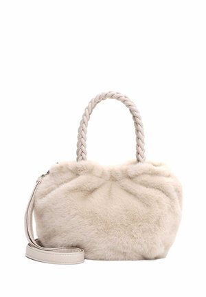 Borsa in ecopelliccia di un beige chiaro, con manici intrecciati e una tracolla staccabile. Texture morbida con dettagli a pieghe.