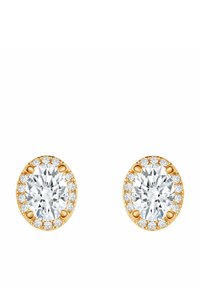 Złote owalne kolczyki wkrętki z dużym centralnym przejrzystym kamieniem otoczonym mniejszymi kamieniami, z gładkimi powierzchniami i polerowanym wykończeniem.