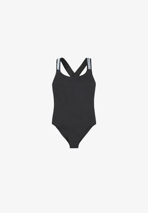 Bañador de una pieza negro con tirantes entrecruzados. Presenta rayas decorativas azules y blancas en los tirantes. Tela suave y elástica.