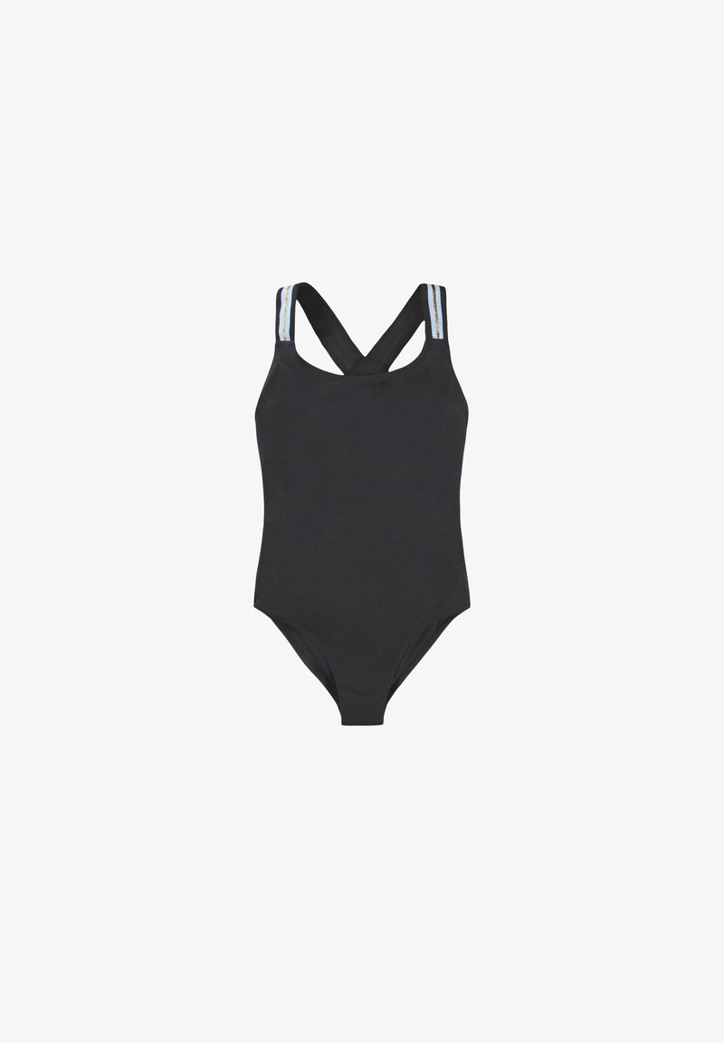 Čierne jednodielne plavky s prekríženými ramienkami. Obsahuje modré a biele kontrastné pásky na ramienkach. Hladká, elastická látka.