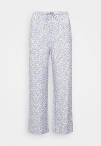 Pantalones de pijama azul claro com cintura elástica, cordão de ajuste e um pequeno padrão floral amarelo e branco por toda a parte. Tecido elástico, design de perna larga.