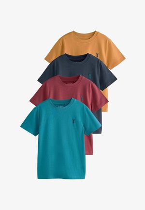 Četri vienkārši īsroku T-krekli ar apaļu kakla izgriezumu krāsās: sinepju dzeltenā, tumši zilā, vīna sarkanā un tirkīzzilā, katram uz krūtīm neliels ķemmja vēžveidīgā izšuvums.