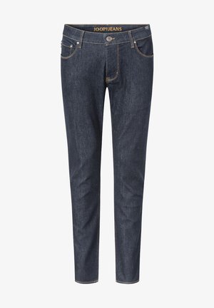Jeans slim fit blu scuro con chiusura con bottone e cerniera, design a cinque tasche e etichetta del marchio visibile all'interno della vita.