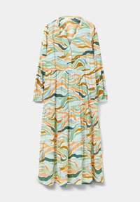 Mehrfarbiges Kleid aus leichtem Stoff, gestaltet mit einem welligen Muster in Grün, Orange und Blau, mit einem V-Ausschnitt und langen Ärmeln.