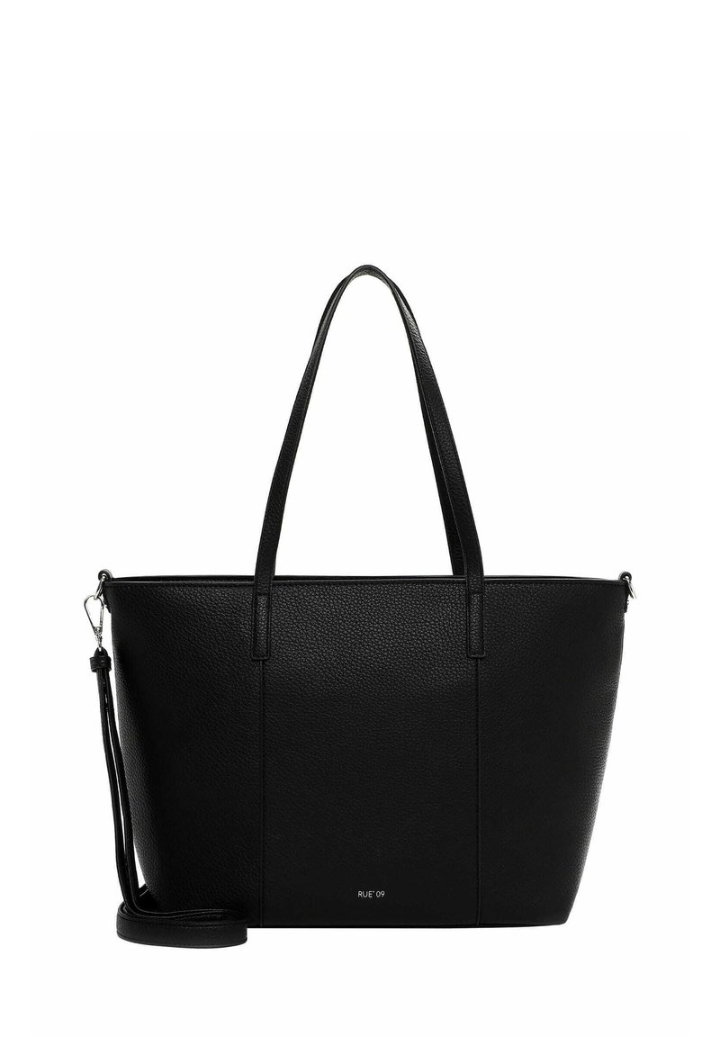 Borsa tote in pelle nera testurizzata con doppi manici, una tracolla rimovibile e chiusura a zip. Presenta un logo del brand discreto sulla parte anteriore.