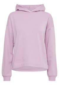 Hellblauer Kapuzenpullover mit langen Ärmeln, lockerer Passform, gerippten Bündchen und weicher Textur. Keine Muster oder zusätzlichen Akzente.