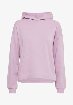 Hellblauer Kapuzenpullover mit langen Ärmeln, lockerer Passform, gerippten Bündchen und weicher Textur. Keine Muster oder zusätzlichen Akzente.