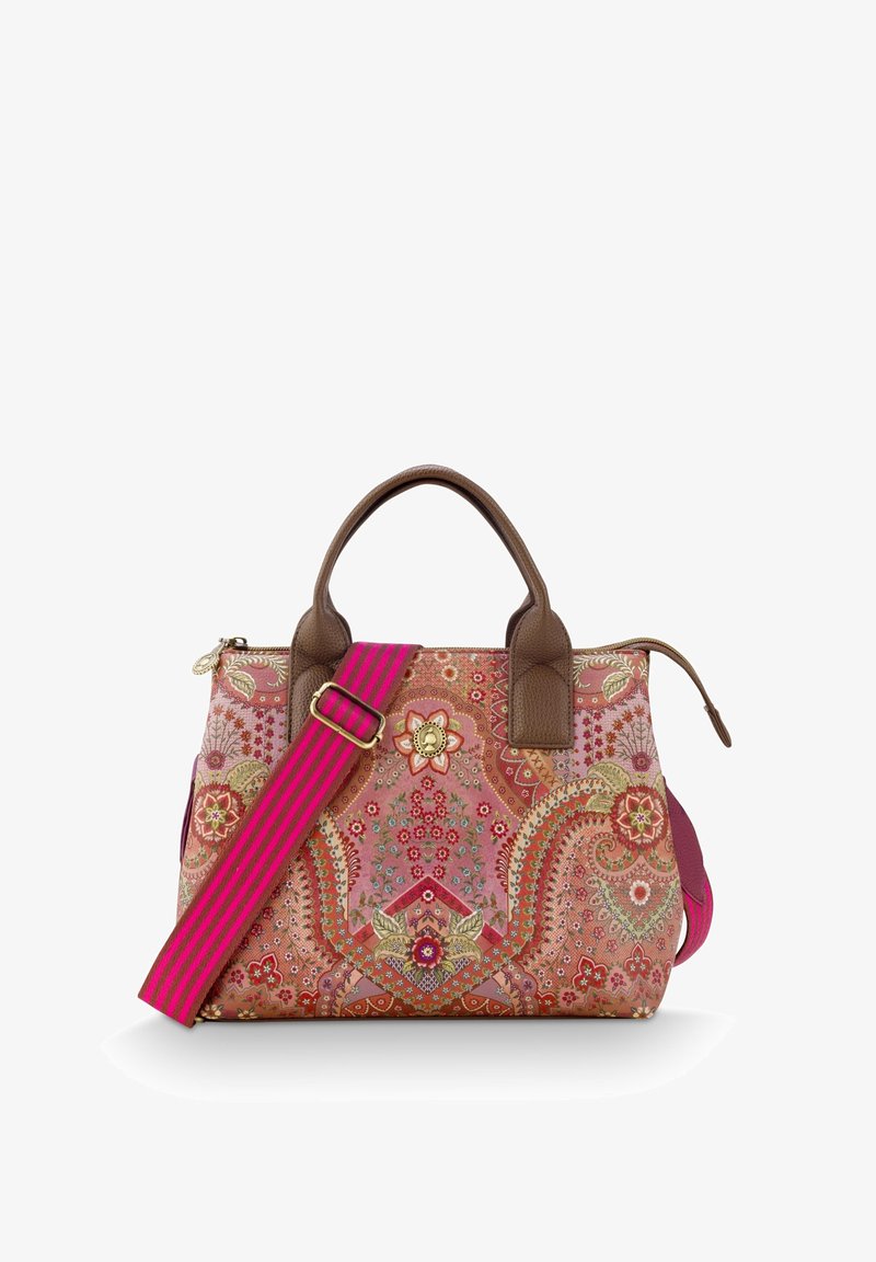 Textile handbag with intricate floral paisley patterns in pink and beige, brown leather accents, and a pink and black striped shoulder strap.