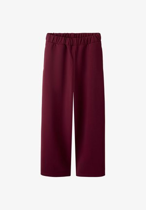 Burgundy wide-leg trousers with an elastic waistband, made from smooth fabric, featuring a clean design and no visible fasteners or pockets.
