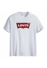 Camiseta blanca de manga corta con el logo rojo de Levi's centrado en el pecho sobre un fondo liso.