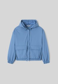 Veste à capuche bleu clair en tissu lisse, avec un devant à boutons, des poignets élastiques et deux poches à l'avant.