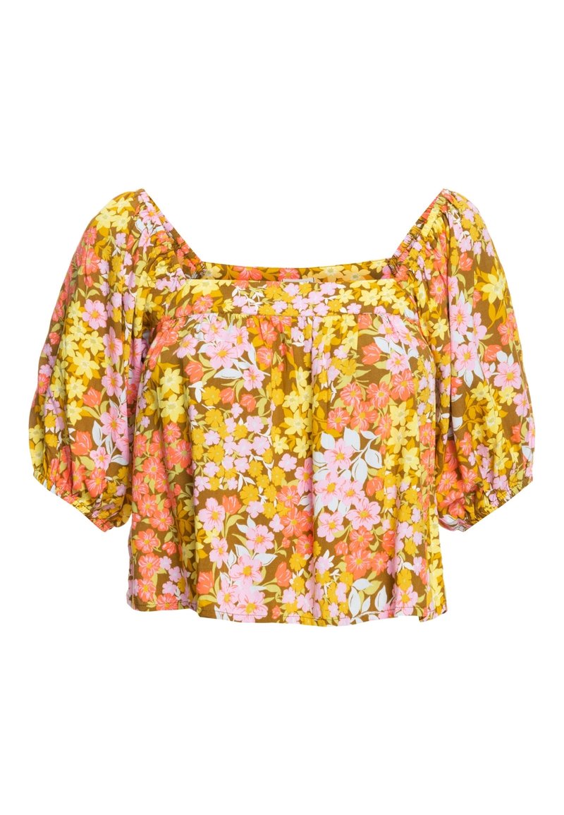 Floral blouse with puffed sleeves, featuring a brown base and vibrant pink, yellow, and orange flowers. Square neckline, lightweight fabric.