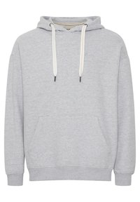 Gray hoodie with a front pocket, drawstring hood, and ribbed cuffs. Soft fabric with a subtle embroidered logo on the chest.