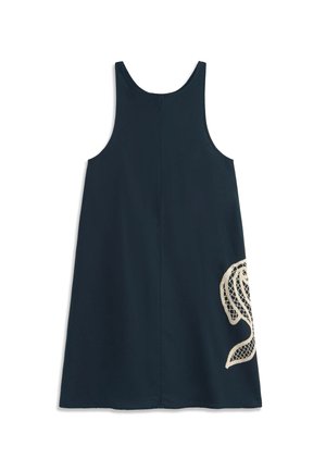 Sleeveless dark navy dress with A-line silhouette and a beige lace floral detail near the lower right hem.