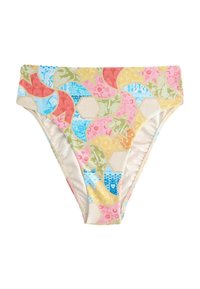 Bas de bikini multicolore présentant un motif avec des formes et textures roses, bleues, jaunes et vertes. Tissu lisse et extensible.