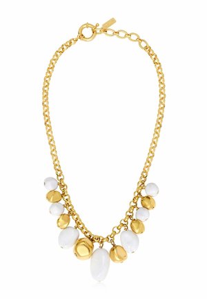 Collier chaîne en or avec des grosses et petites perles sphériques blanches et dorées alternées suspendues à l'avant.