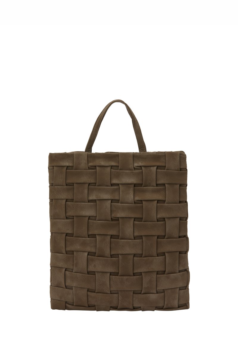 Woven leather tote bag w ciemnym brązie, o kwadratowym kształcie, krótkim uchwycie oraz teksturowanym wzorze z plecionym designem.