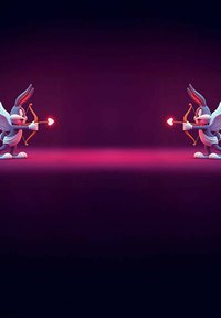 Deux lapins dessinés avec des ailes visent des flèches d'amour, sur un fond dégradé violet. Les flèches ont des pointes en forme de cœur.