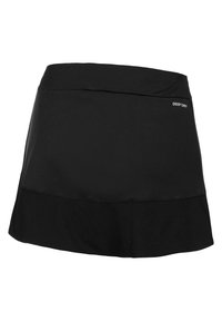 Black athletic skirt made of lightweight fabric. Features a layered design with a smooth top and textured lower panel. "DEEP DRY" logo displayed.
