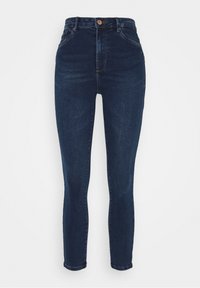 Jeans de mezclilla oscura de tiro alto y corte ajustado, con cierre de botón, cinco bolsillos y una textura suave.