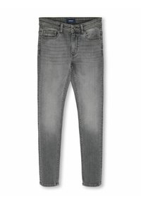 Vaqueros grises de denim con un diseño ajustado, que cuentan con una cinturilla estándar, cierre de botón y estilo de cinco bolsillos. Superficie texturizada.